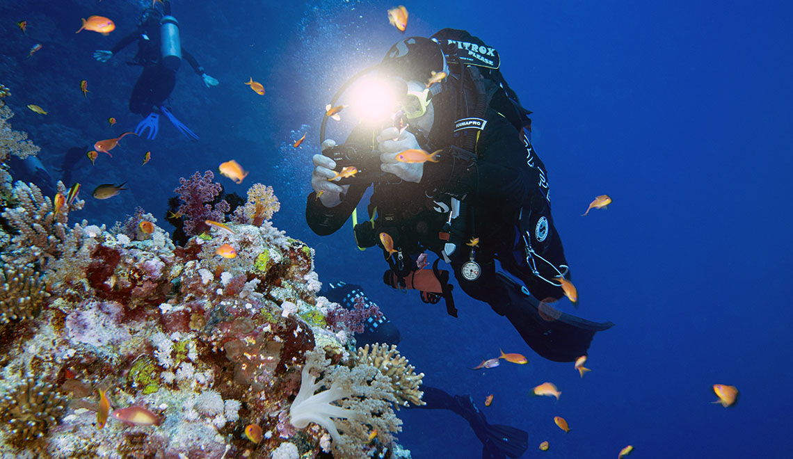 Buzo fotografiando arrecife de coral en el Mar Rojo